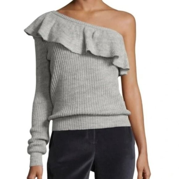 REBECCA TAYLOR Alpaca Wool Pullover Ruffle Sweater Gray One shoulder XS NWT - Picture 1 of 11